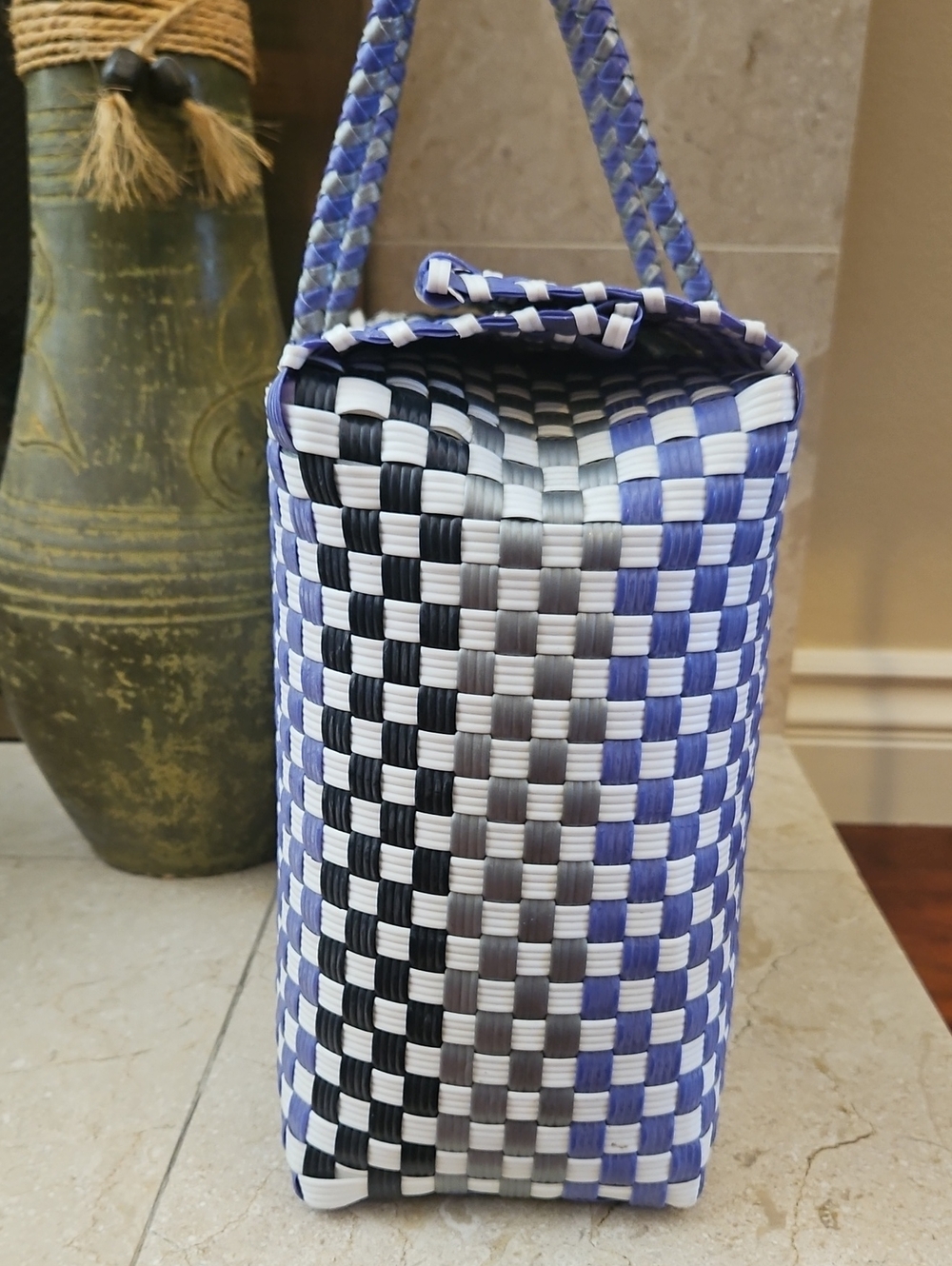 Woven Checker Tote Bag in Blue, Gray & Black - Picture 3 of 16